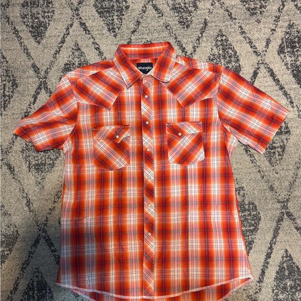 Wrangler Men's Orange Plaid Pearl Snap Shirt